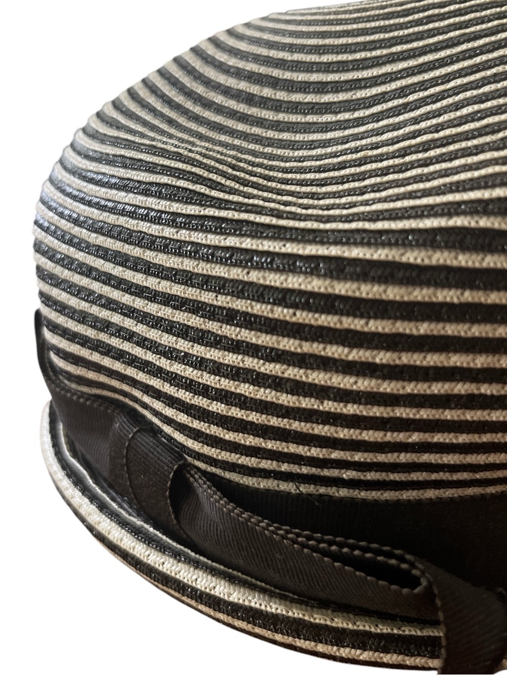 Vintage Chapeaux Louise Straw Derby Hat Black White Striped Ribbon Bow - Picture 2 of 5
